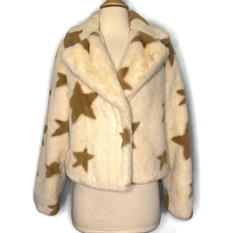 William B. Ivory Beige Stars Faux Fur Cropped Jacket Size S